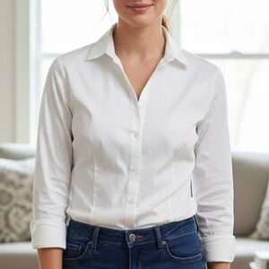 Alfred Sung Classic White Button Down Shirt Long Sleeve Office Minimalist